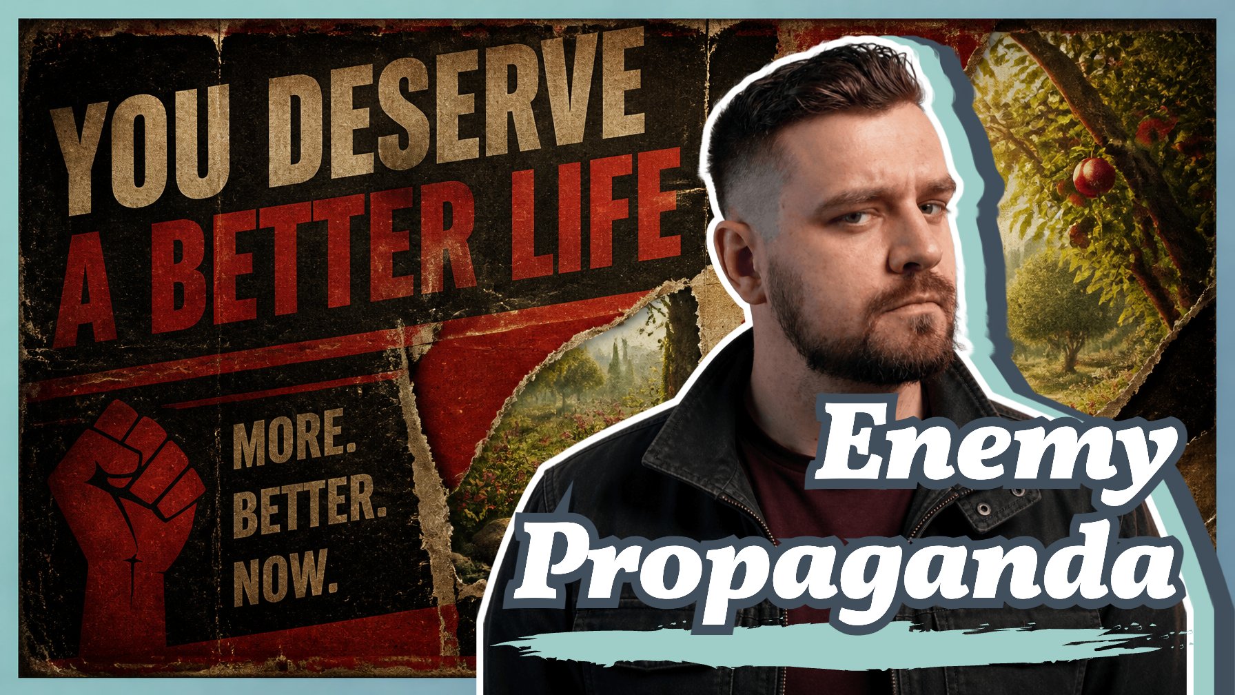 Text overlay asking whether God promised a good life, next to an open Bible